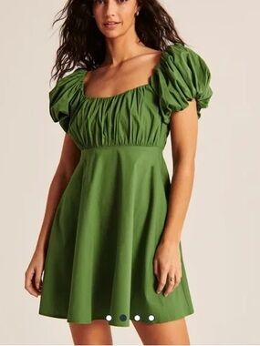 Abercrombie & Fitch Olive Green Puff-Sleeve Mini Dress Poplin